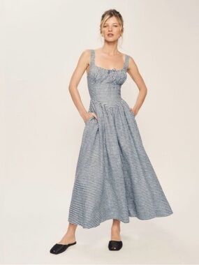 NEW Reformation Balia Midi Linen Dress in Slate Check Plaid Navy White | size 4